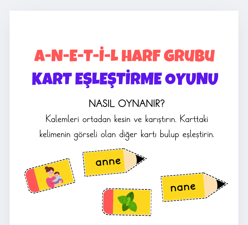 1. Sınıf - ANETİL Harfleri Kart Eşleştirme Oyunu
