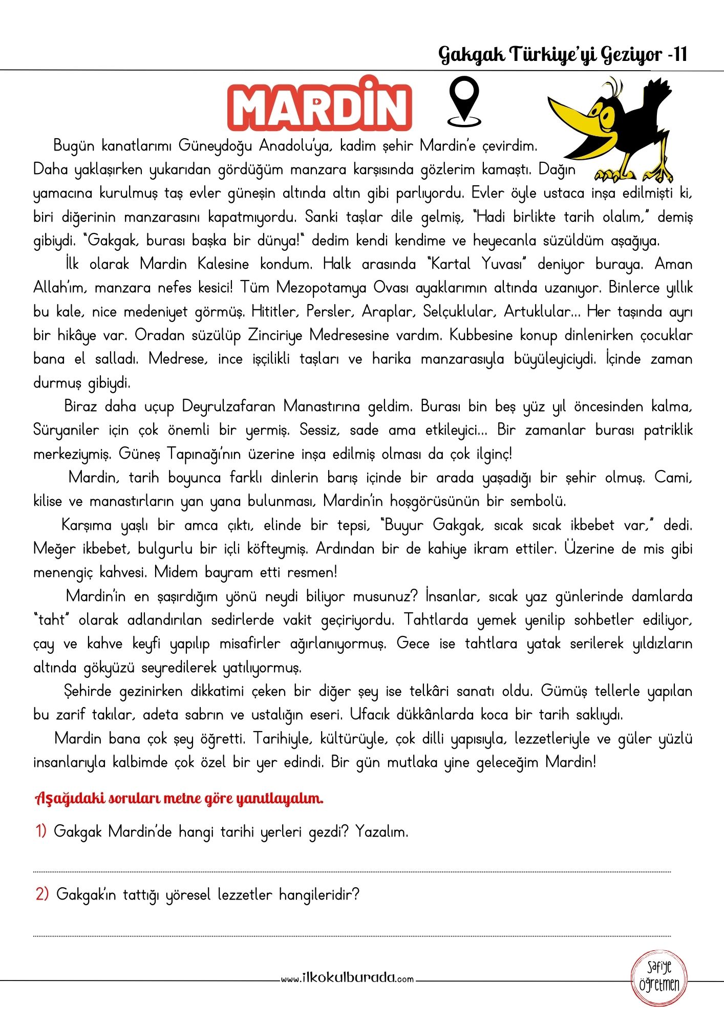 Okuduğunu Anlama Metinleri – Gakgak Türkiye’yi Geziyor: Mardin