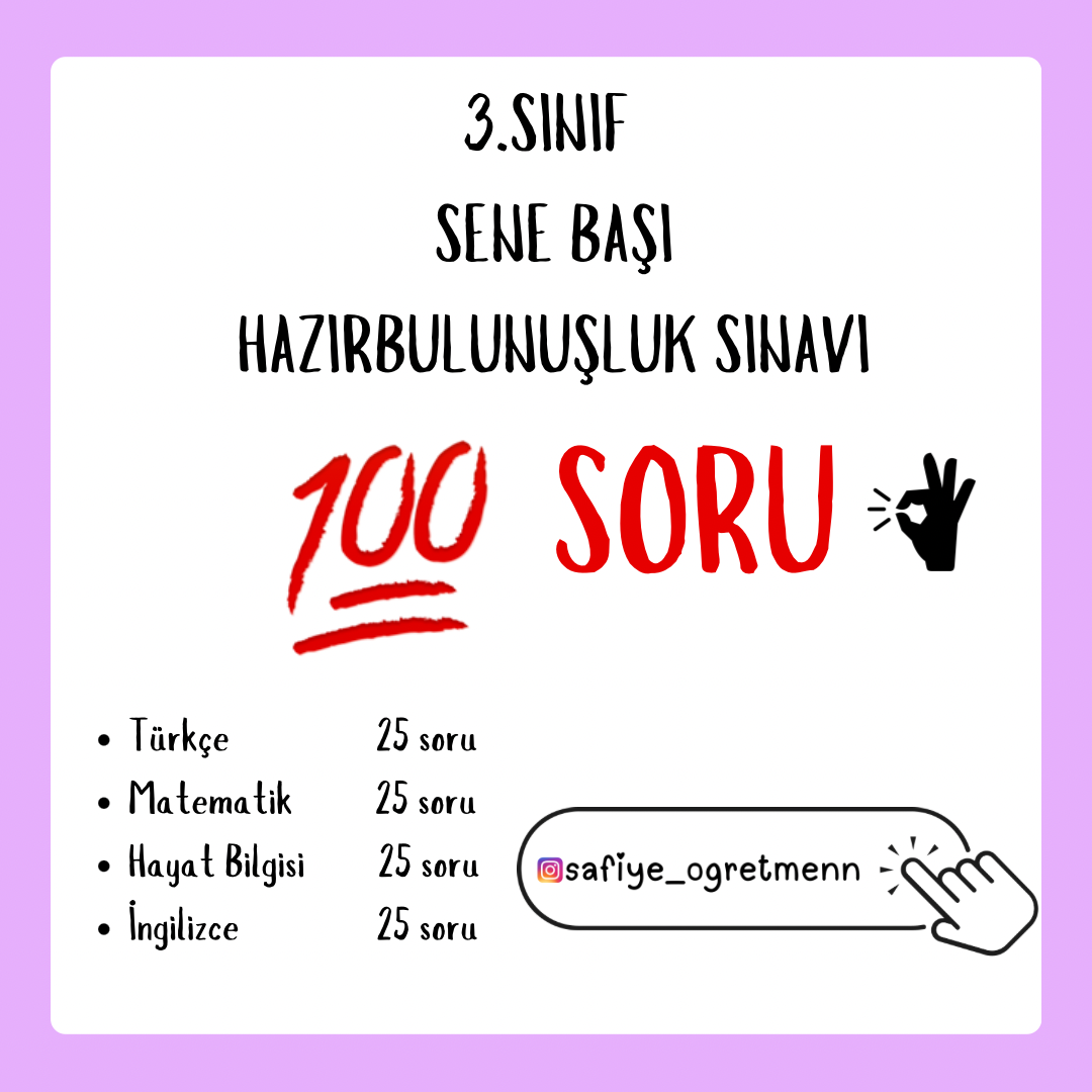 3. Sınıf Sene Başı Hazırbulunuşluk Soruları (100 soru)