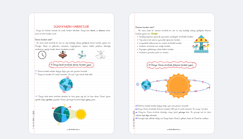 4. Sınıf - Dünya’mızın Hareketleri Defter Notları