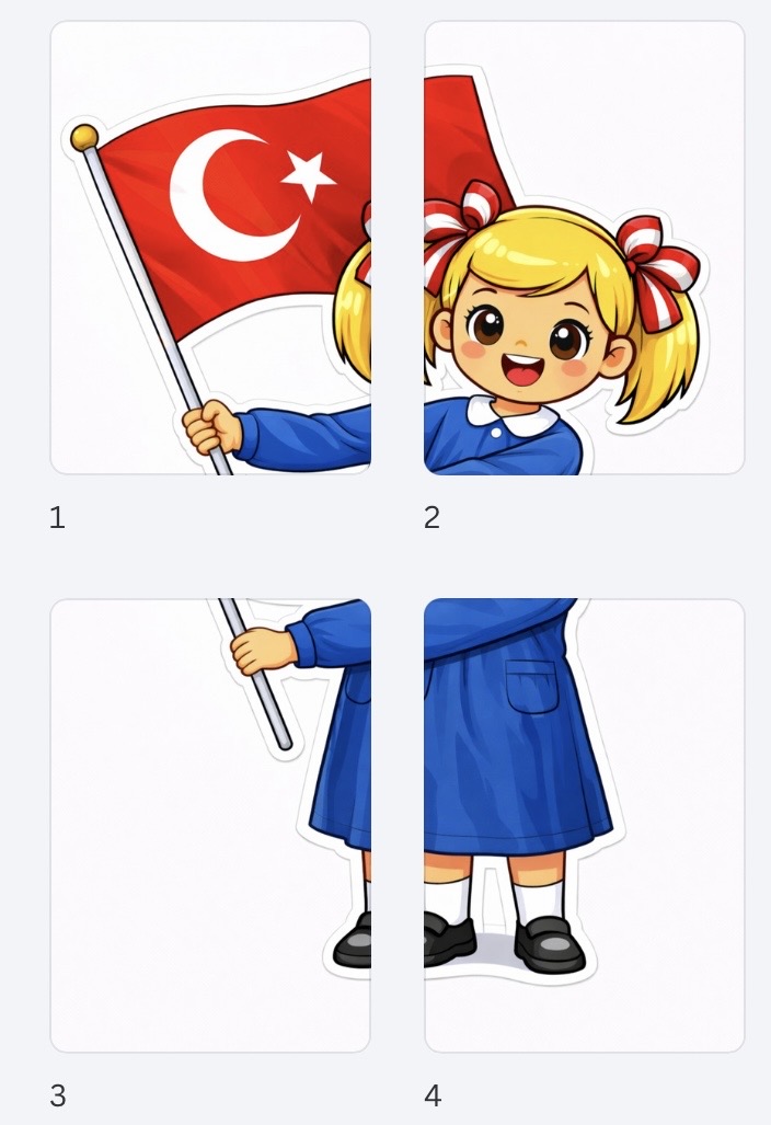 Elinde Bayrak Tutan Mavi Önlüklü Çocuklar - Büyük Boy