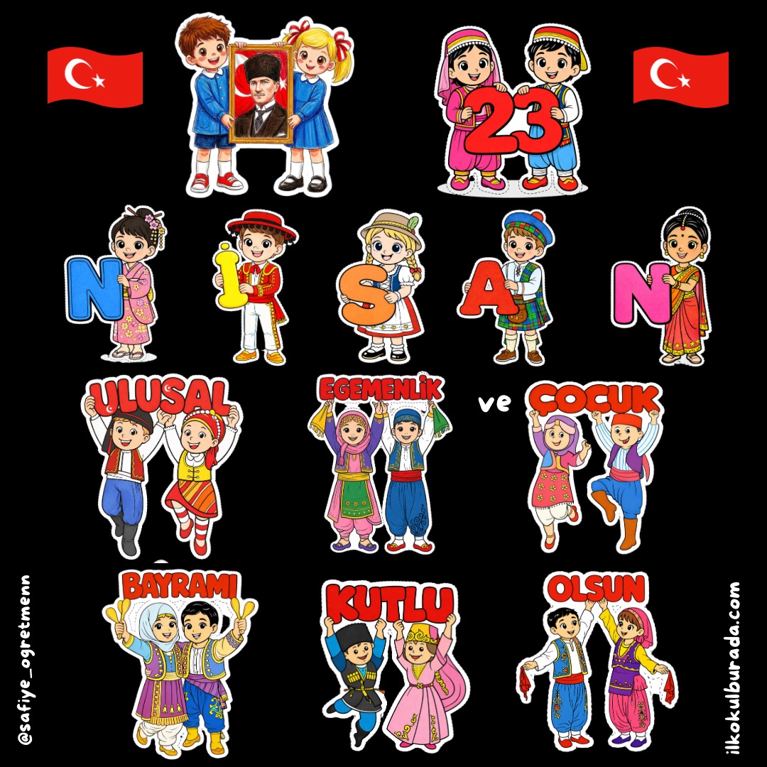 23 Nisan Yöresel Kıyafetli Türk ve Dünya Çocukları - Renkli a4 Boy